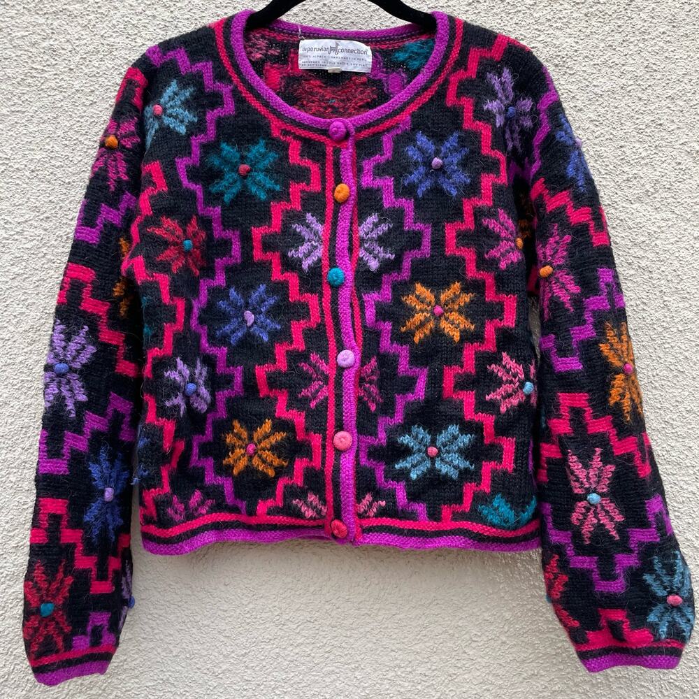 Vintage 90's Peruvian Connection Alpaca Rainbow Floral Sweater Small